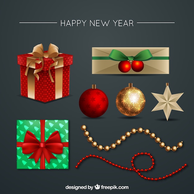 Bezpłatny wektor pakiet prezentów i dekoracja nowego roku
