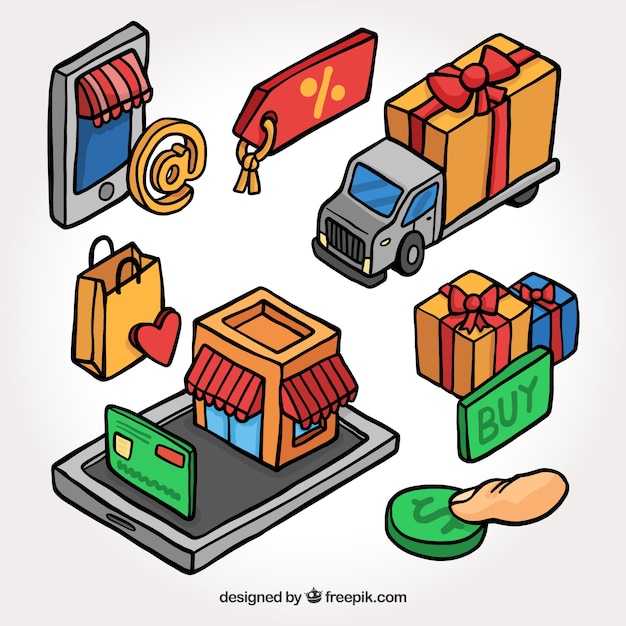 Bezpłatny wektor pakiet ręcznie rysowanych izometrycznych elementów zakupów online