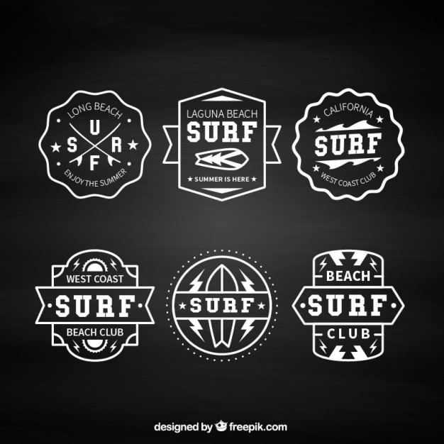 Bezpłatny wektor pakiet sześciu klasycznych odznaki surfowania