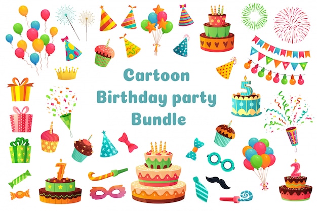 Pakiet urodzinowych kreskówek. słodkie uroczystości babeczki, kolorowe balony i prezenty urodzinowe zestaw ilustracji