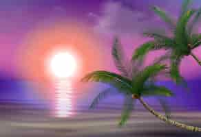 Bezpłatny wektor palmy kokosowe zachód słońca plaża realistyczna kompozycja z odkryty zachód słońca krajobraz fioletowe niebo i egzotyczne rośliny ilustracji wektorowych