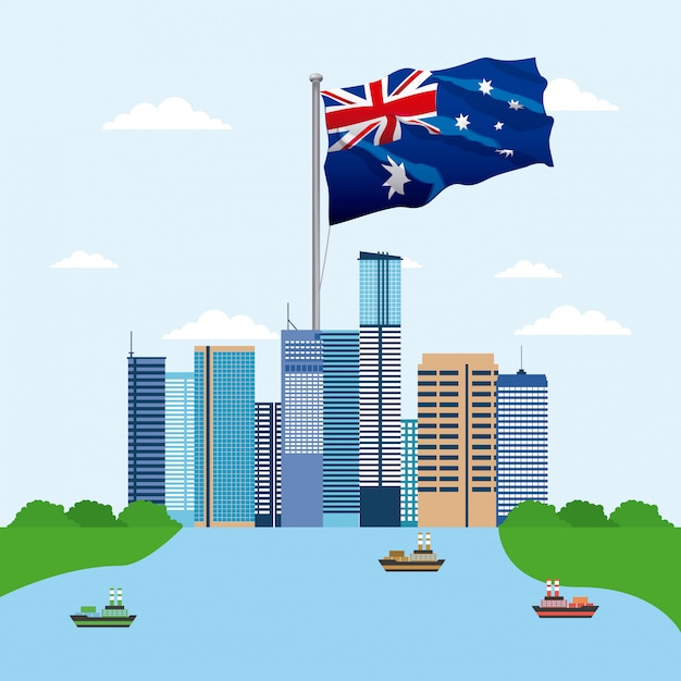 Panoramę budynków z flagą Australii