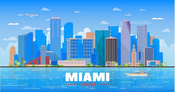 Bezpłatny plik Wektor panoramę miami na florydzie z panoramą na tle błękitnego nieba ilustracja wektorowa koncepcja podróży biznesowych i turystyki z nowoczesnymi budynkami obraz na baner lub stronę internetową