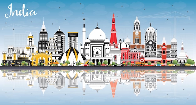 Panoramę miasta indii z kolorowymi budynkami błękitne niebo i odbicia delhi mumbai bangalore
