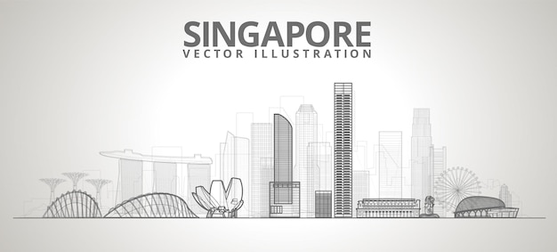 Panoramę Miasta Singapur. Ilustracja Wektorowa Linii.