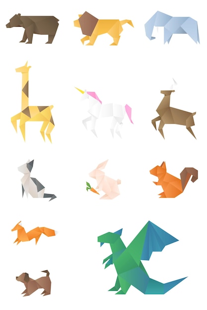 Bezpłatny wektor papierowe zwierzęta rzemieślnicze wektor ilustracja widok z boku zestaw