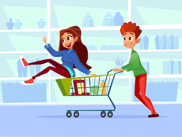 Bezpłatny wektor para jedzie supermarket wózek na zakupy.