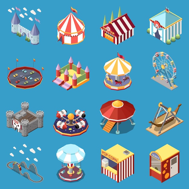 Bezpłatny wektor park rozrywki izometryczny zestaw izolowanych ikon z podróżującym cyrkiem duże blaty fast food stragany atrakcje ilustracji wektorowych