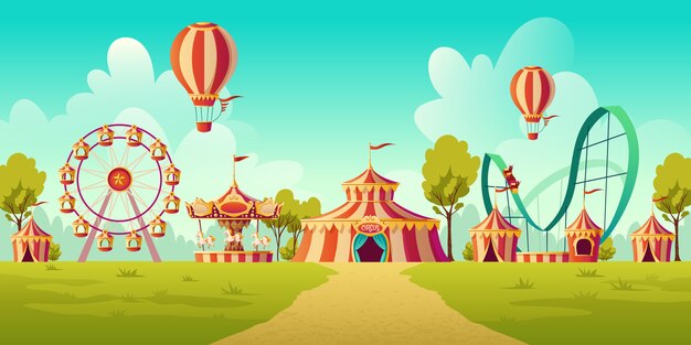 Park rozrywki z namiotem cyrkowym i karuzelą