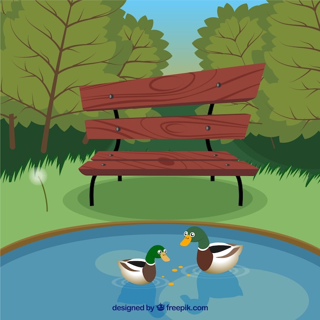 Bezpłatny wektor park z ławki i kaczka w jeziorze