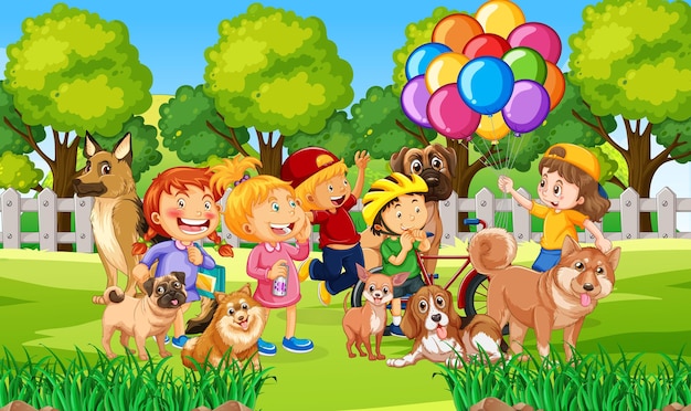 Parkowa scena na świeżym powietrzu z wieloma dziećmi i ich zwierzakiem