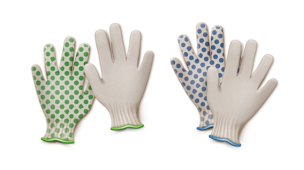 pary rękawiczek ogrodniczych zielony i niebieski na białym tle