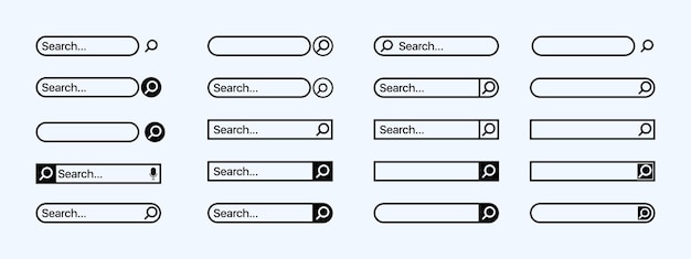 Pasek wyszukiwania dla interfejsu użytkownika, projektu i strony internetowej. element projektu graficznego paska wyszukiwania. zbiór szablonów formularzy wyszukiwania dla stron internetowych. ilustracja wektorowa linii. izolowany szablon interfejsu użytkownika