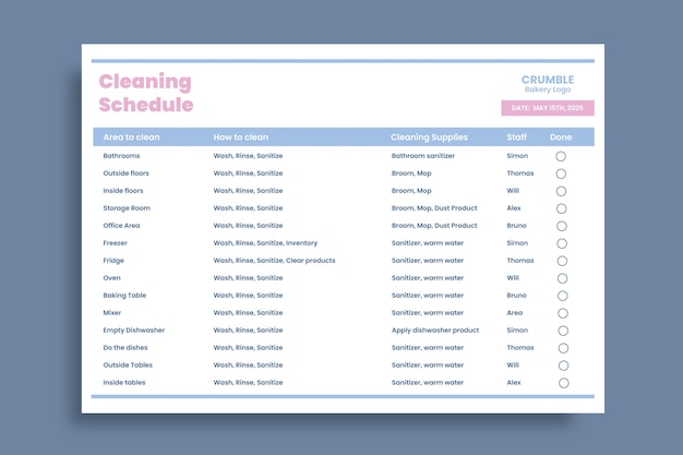 Bezpłatny wektor pastelowy harmonogram codziennego sprzątania piekarni kruszonki