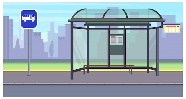 Pejzaż miejski z pustą autobusową przerwą i szyldową ilustracją
