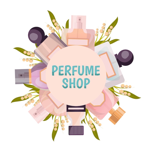 Perfumy Sklep Okrągłe Tło Ramki W Pastelowych Kolorach Z Flacons I Konwalii