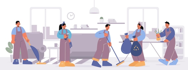 Bezpłatny wektor personel sprzątający pracuje w salonie