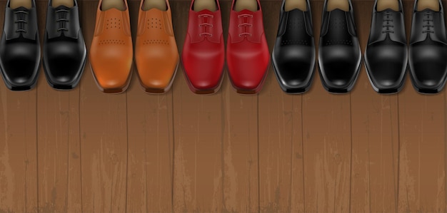 Pięć Kolorowych Par Męskich Skórzanych Butów Ustawionych W Rzędzie Na Drewnianej Podłodze Realistyczne Tło Ilustracji Wektorowych