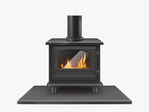 Piec na drewno, żelazny kominek z ogniem wewnątrz izolowany, tradycyjny system ogrzewania w nowoczesnym stylu. Wyposażenie domu. Realistyczne 3d ilustracji wektorowych, clipart
