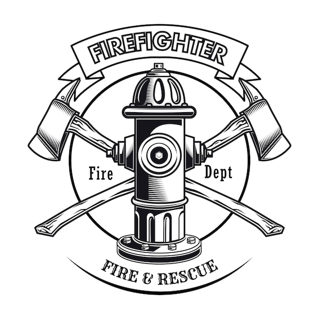 Bezpłatny wektor pieczęć strażaka z ilustracji wektorowych hydrant. skrzyżowane topory i tekst wydziału ognia