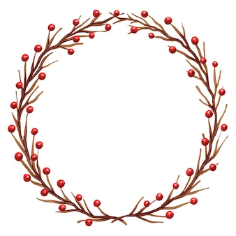 Piękna ilustracja świątecznego wieńca z brązowych gałęzi i czerwonych jagód