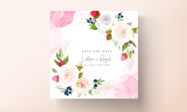 piękna karta zaproszenie na ślub z kwiatem róży z botaniczną truskawką i jagodami