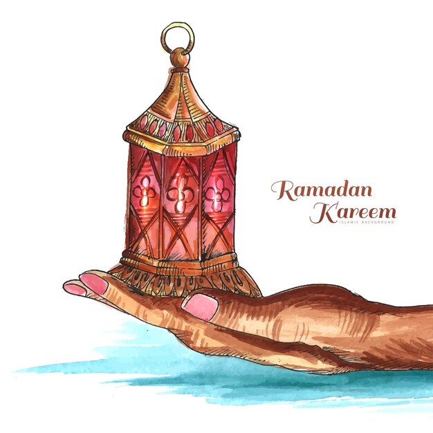 Piękna ręka trzyma arabską lampę ramadan kareem w tle