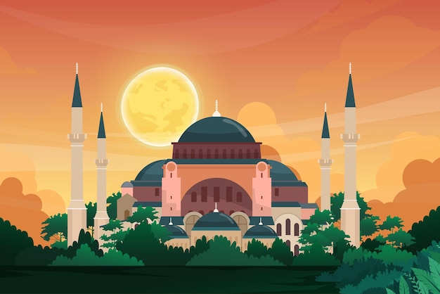 Piękna scena z zabytkiem sztuki bizantyjskiej katedry św. Zofii. Cele podróży Stambuł. Zabytki budynków kraju Turcja. projekt pocztówki lub plakat podróży, ilustracji wektorowych