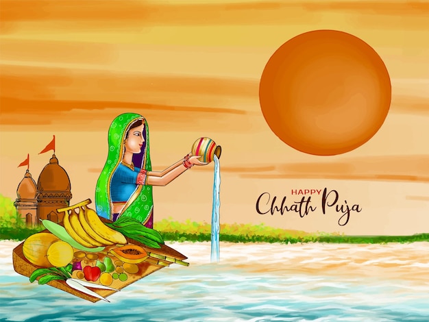 Piękna Szczęśliwa Puja Chhath Indyjski Festiwal Tradycyjny Wektor Tła