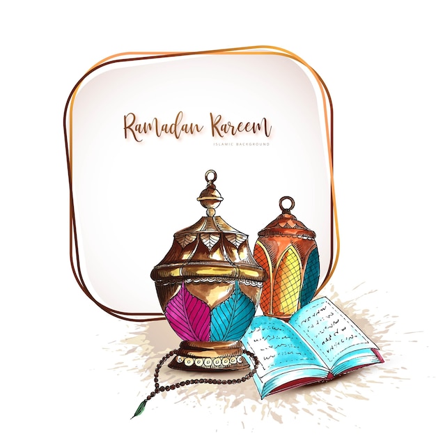 Bezpłatny wektor piękne dekoracyjne islamskie powitanie festiwalu ramadan kareem z tłem karty lamp