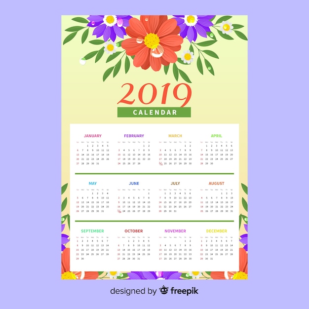 Bezpłatny wektor piękny 2019 szablon kalendarza z kwiatowy styl