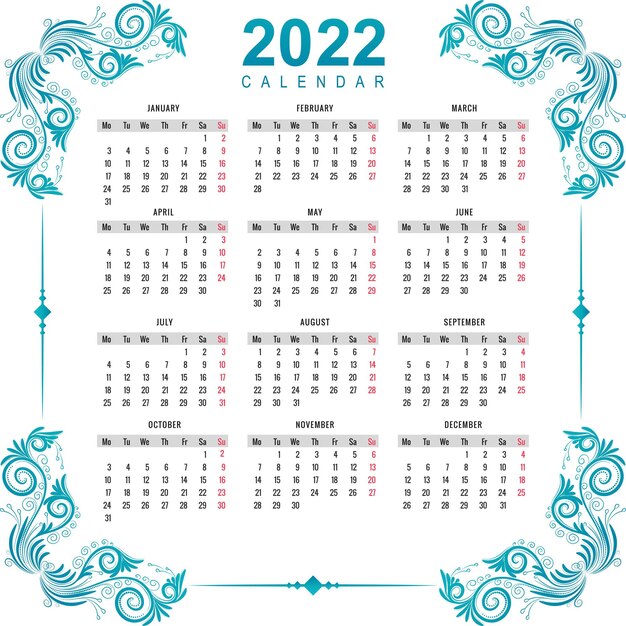 Piękny ozdobny kwiatowy styl 2022 nowy rok projekt kalendarza