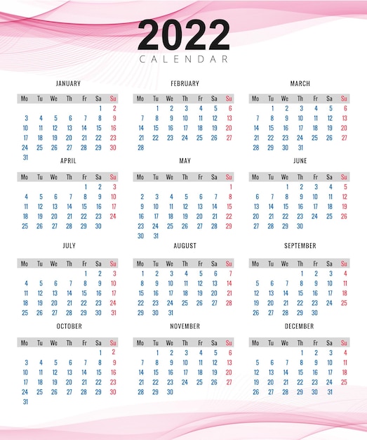 Bezpłatny wektor piękny projekt kalendarza nowego roku w stylu fali 2022
