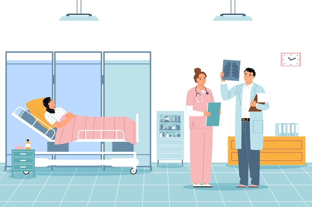 Bezpłatny wektor pielęgniarka płaska kompozycja z pacjentem i personelem medycznym w ilustracji wektorowych szpitala