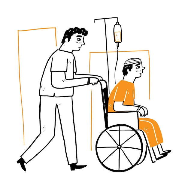 Pielęgniarki pomagają pacjentom pchać wózek inwalidzki, rysunek ręka wektor ilustracja doodle styl
