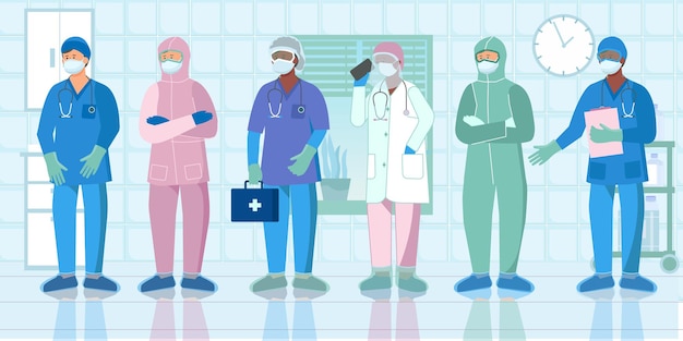 Bezpłatny wektor pielęgniarki pracownicy służby zdrowia lekarze asystenci odzież ochronna jednolity sprzęt płaski skład