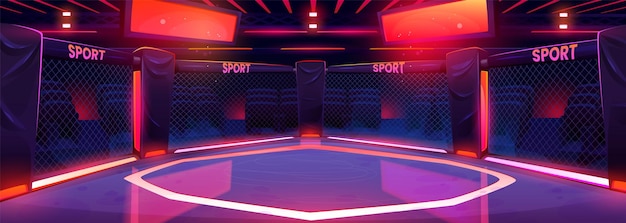 Bezpłatny wektor pierścień mma na tle boksu ośmiokątny projekt wektora sceny walki areny ostateczna gra sportowa klatka stadion ilustracja z neonowym czerwonym światłem w nocy profesjonalny sprzęt z oświetleniem pokazowym