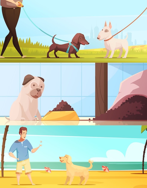 Pies poziome bannery zestaw z symboli spaceru kreskówka na białym tle ilustracji wektorowych