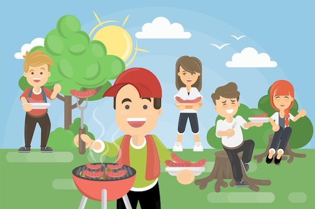 Bezpłatny wektor piknik grillowy w parku rodzina lub przyjaciele wspólnie piknik