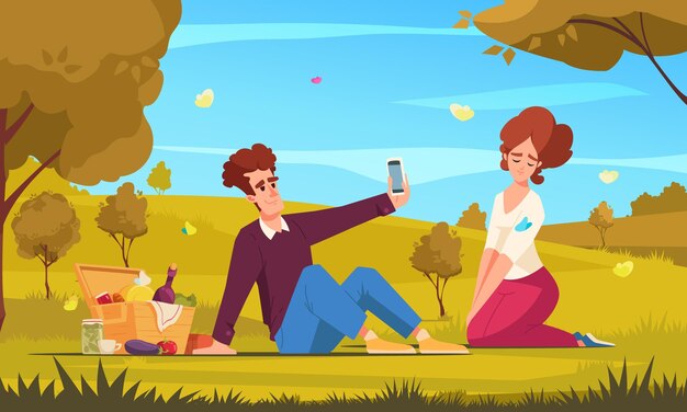 Piknik koncepcja kreskówka z młodą parą o romantyczny weekend na zewnątrz ilustracji wektorowych