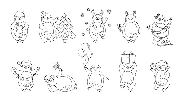 Pingwin świąteczny zestaw liniowych kreskówek. kolekcja ładny pingwiny płaskie ręcznie rysowane. linia szczęśliwy charakter santa hat lub rogi, drzewo, girlanda, dzwonek prezentowy, kubek. boże narodzenie w nowy rok. ilustracja na białym tle