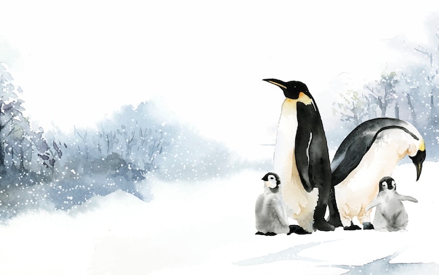 Pingwiny w zimie wonderland akwarela wektor