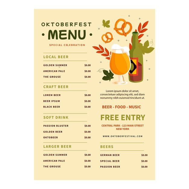 Pionowy szablon menu na obchody festiwalu piwa oktoberfest