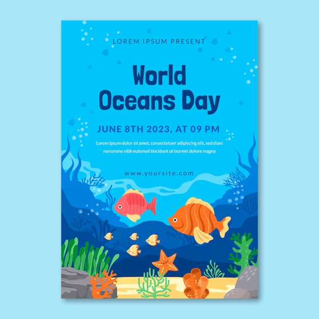 Bezpłatny wektor pionowy szablon plakatu na obchody światowego dnia oceanów