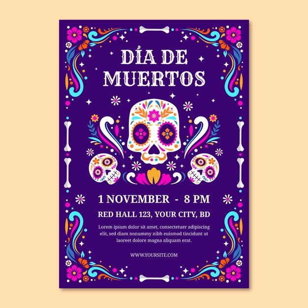 Pionowy szablon plakatu na święto dia de muertos