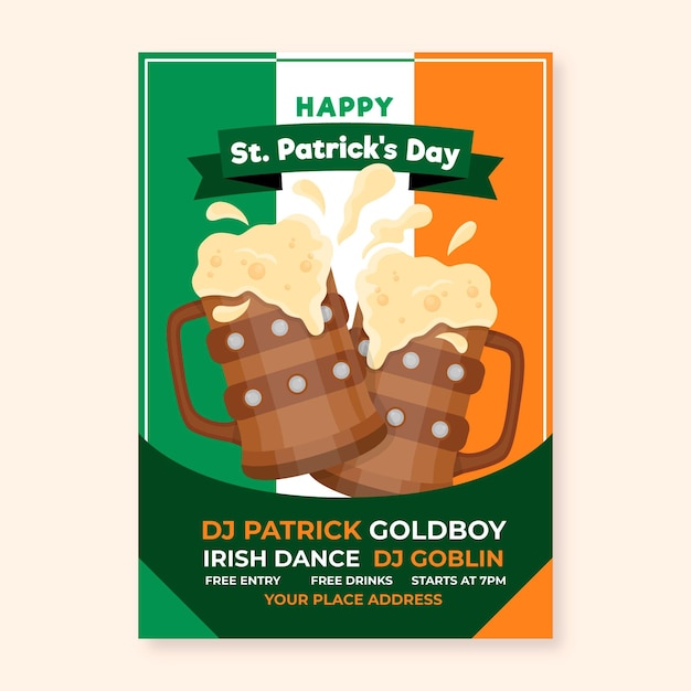 Bezpłatny wektor pionowy szablon plakatu na ul. patrick's day z irlandzką flagą i piwem