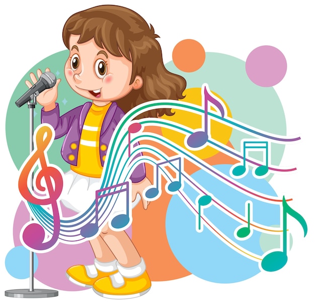 Bezpłatny wektor piosenkarka dziewczyna kreskówka z symbolami melodii muzycznych