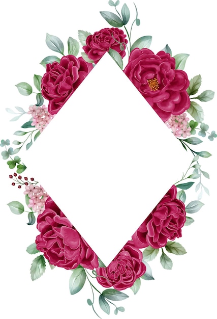 Bezpłatny wektor piwonie bordowy kwiatowy rama zaproszenie na ślub ramka kwiatowa z liśćmi piwonii i jagodami izolowany na białym tle do druku kart projektowych i zaproszeń