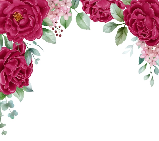 Piwonie bordowy kwiatowy rama zaproszenie na ślub ramka kwiatowa z liśćmi piwonii i jagodami izolowany na białym tle do druku kart projektowych i zaproszeń