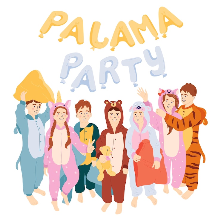 Bezpłatny plik Wektor piżama party płaska koncepcja z dziećmi w kolorowych kombinezonach kigurumi ilustracji wektorowych